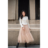 Sheer organza layered midi skirt with flared silhouette and satin waistband detailing